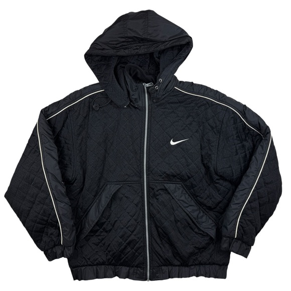 Vtg Nike Mens Large Black Quilted Puffer Bomber Jacket Full Zip Hooded Vintage - Picture 1 of 11